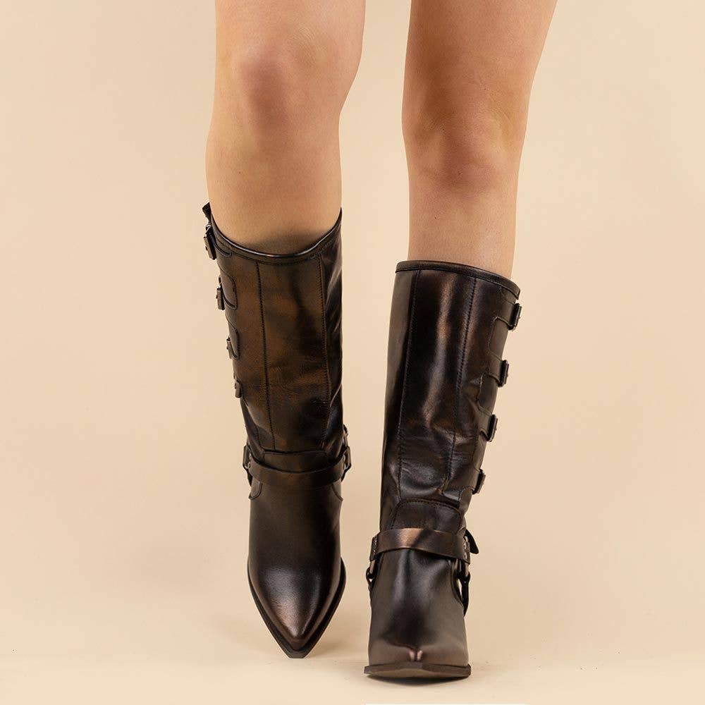 Moonrise – Großhandel Cowboystiefel  Damen – La Pintura bronzefarbene hohe Stiefel mit Schnallen1