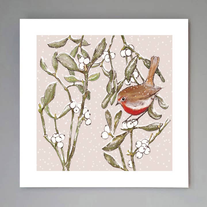 'Robin And Mistletoe' Art Print for wholesale by Fay's Studio