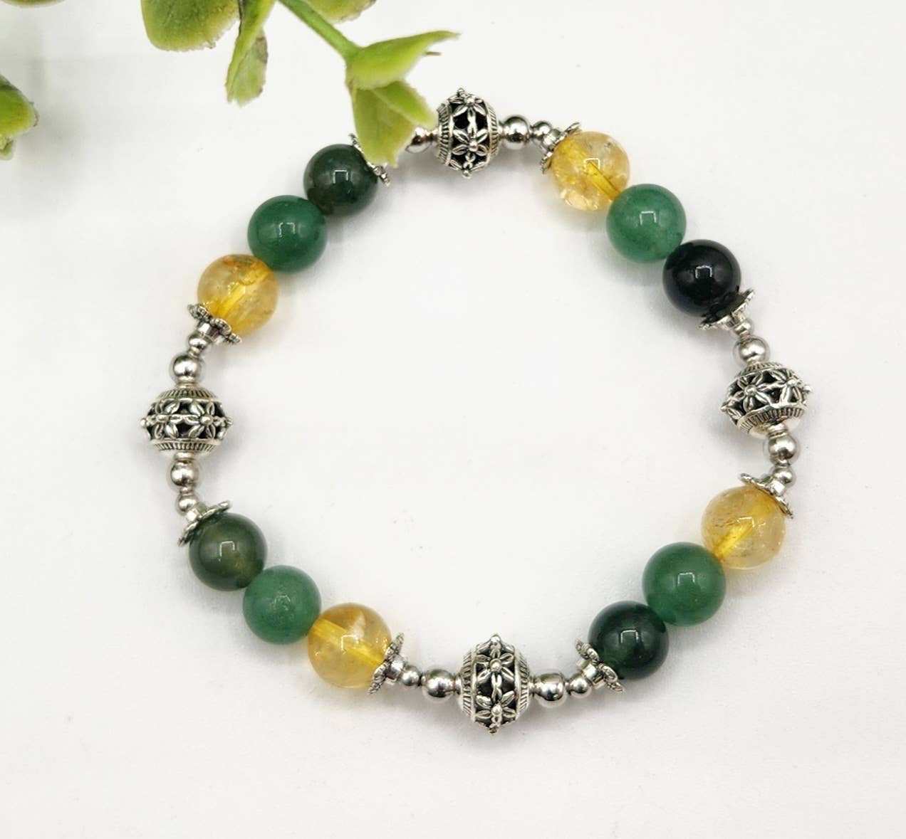 Meraki Gemstones - Wholesale Beaded Bracelet - WEALTH - Moss Agate, Green Aventurine, Citrine Bracelet 7.5"4