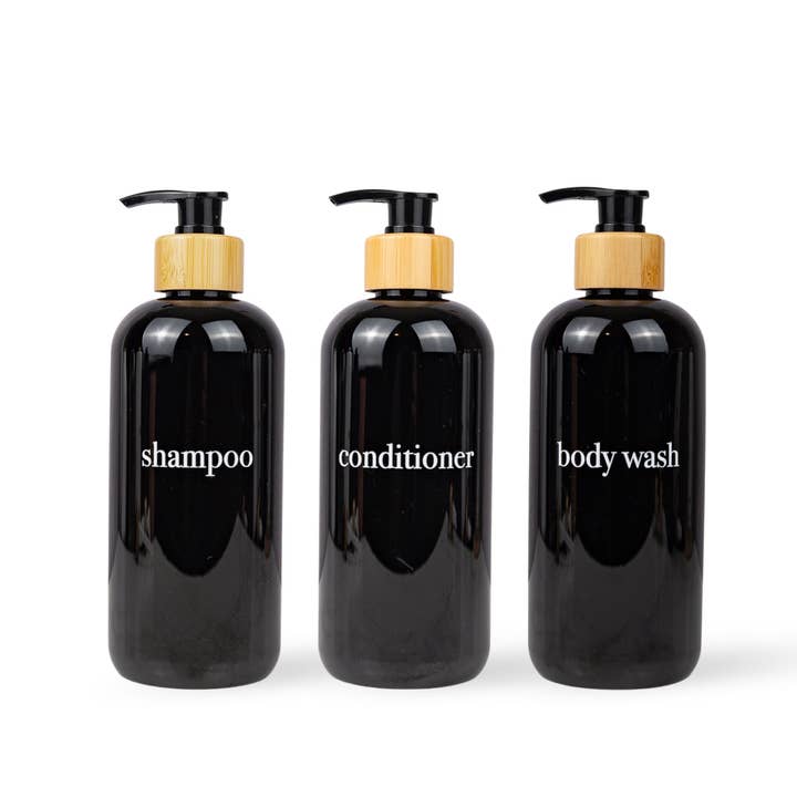 Black Shampoo Dispenser Sets | Black Bottles | Bamboo or Black Plastic Pumps for wholesale by Joie Designs Co. | Refillable Bottles
