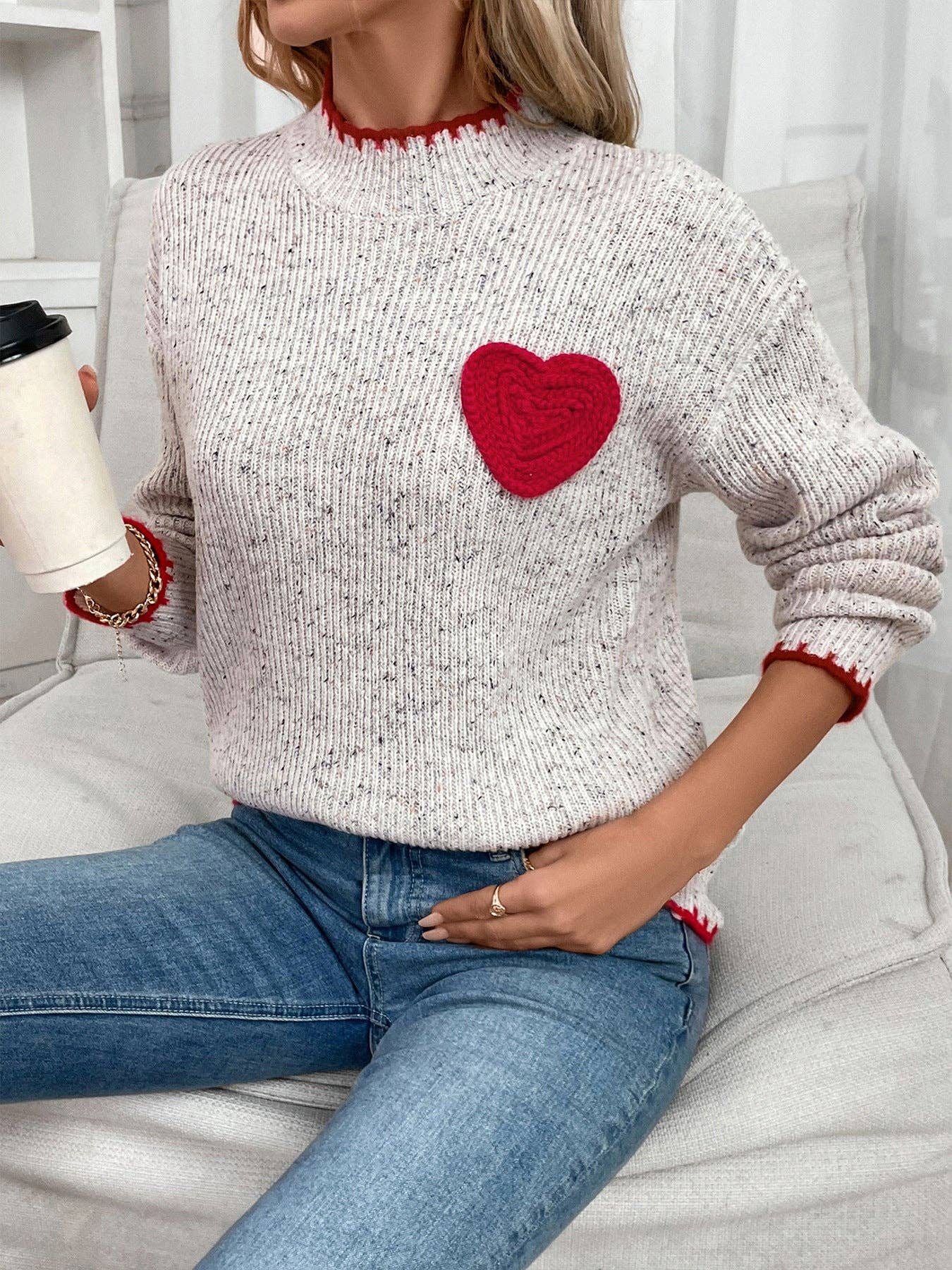 Grayish Half Turtleneck Valentine's Day Heart Pattern Sweater Crew Neck Casual Pullover for wholesale on Faire5
