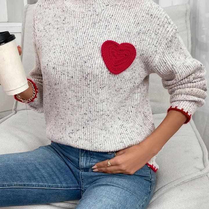 Grayish Half Turtleneck Valentine's Day Heart Pattern Sweater Crew Neck Casual Pullover for wholesale on Faire5