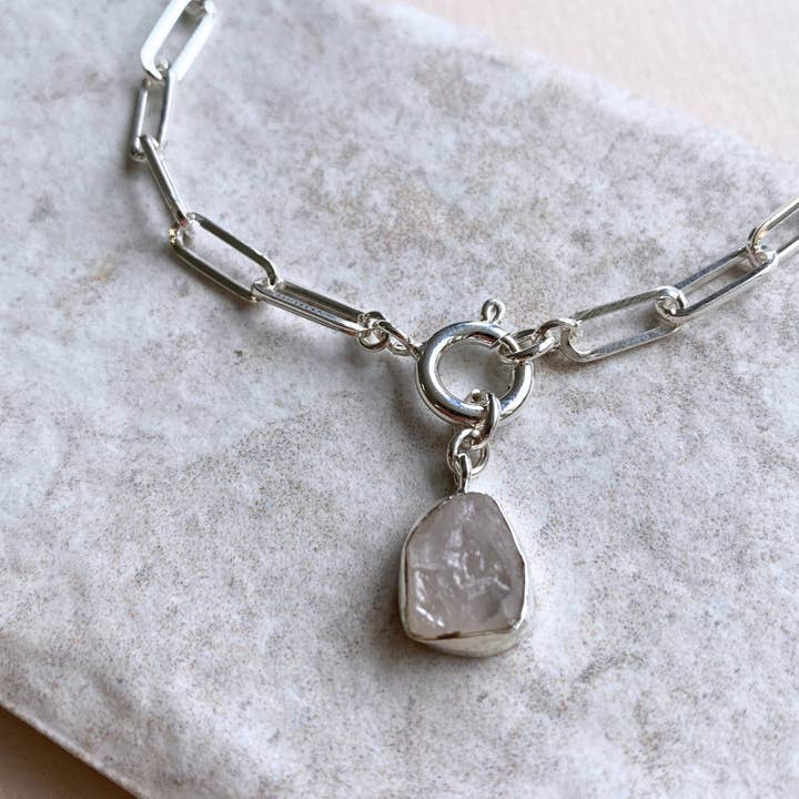 Rose Quartz Carved Chunky Chain Necklace | Love (Sterling Silver) for wholesale by Decadorn