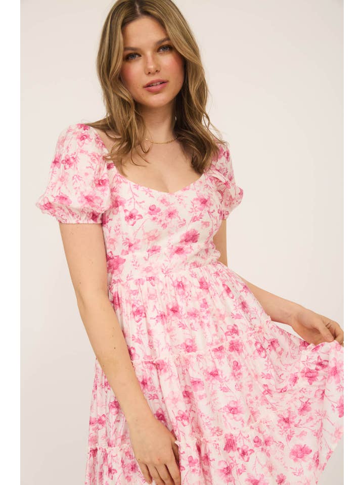 Blu Pepper - Wholesale Dress - Women's - FLORAL OPEN BACK WITH TIE TIERED MINI DRESS