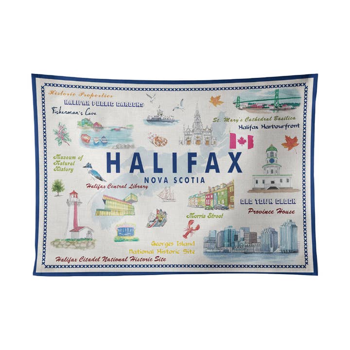 Halifax Nova Scotia Illustrated Souvenir Cotton Tea Towel for wholesale by Northern Icons Canada