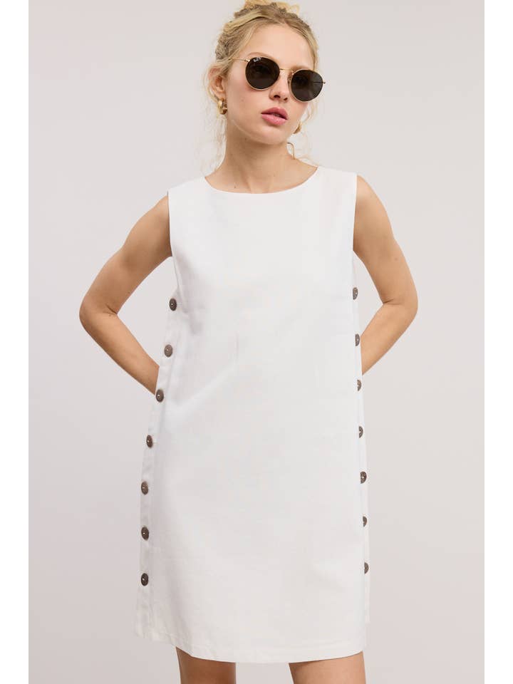 Mimosa - Wholesale Dress - Women's - Wooden Side Button Detail Sleeveless Linen Mini Dress