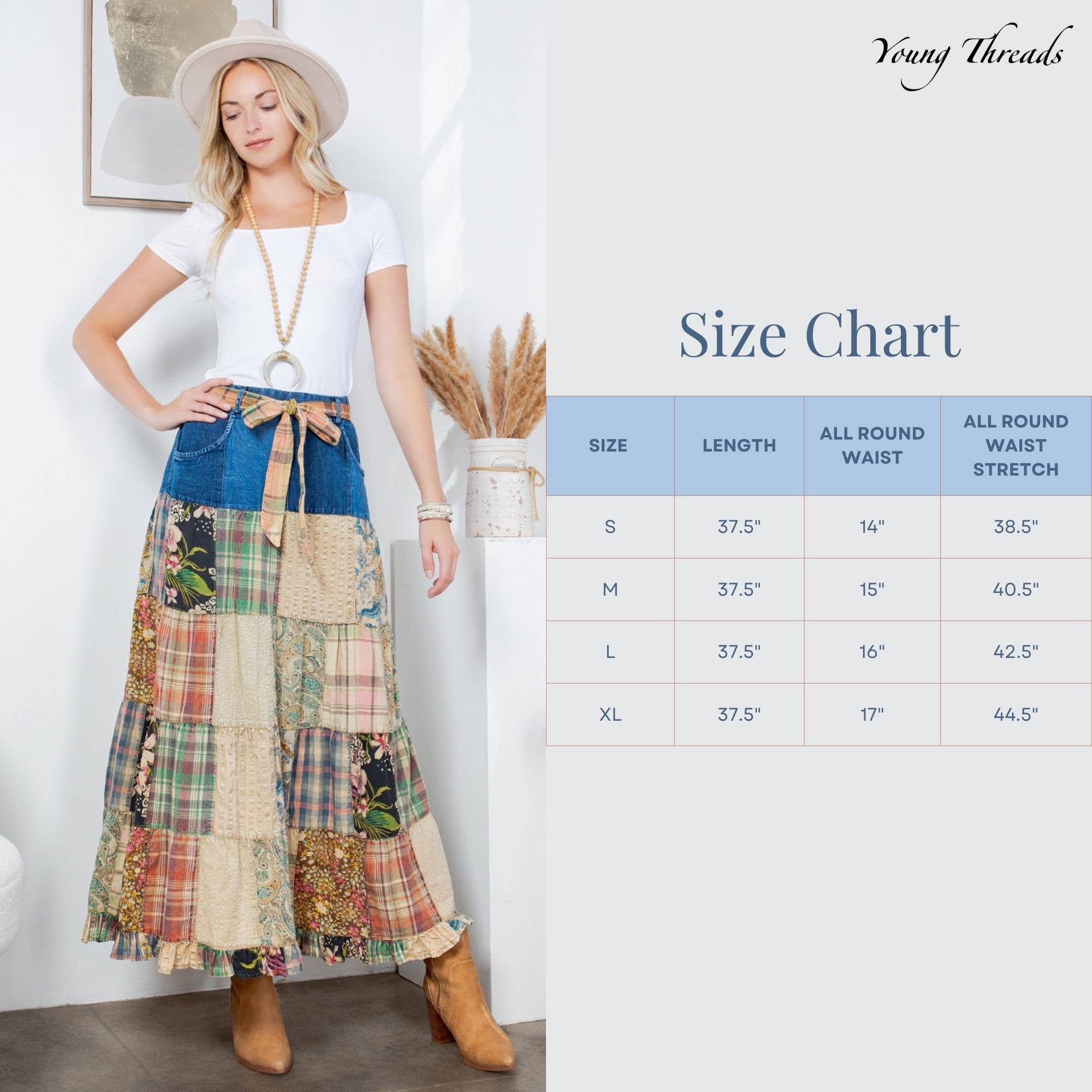 Young Threads - Wholesale Skirt - Women's - Western Boho Chic: Patchwork Belted Skirt  (New Color)12
