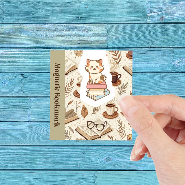 Marcapáginas magnético de gato sentado sobre libros para venta al por mayor de Prairie Chicken Sticker Shop & Gifts