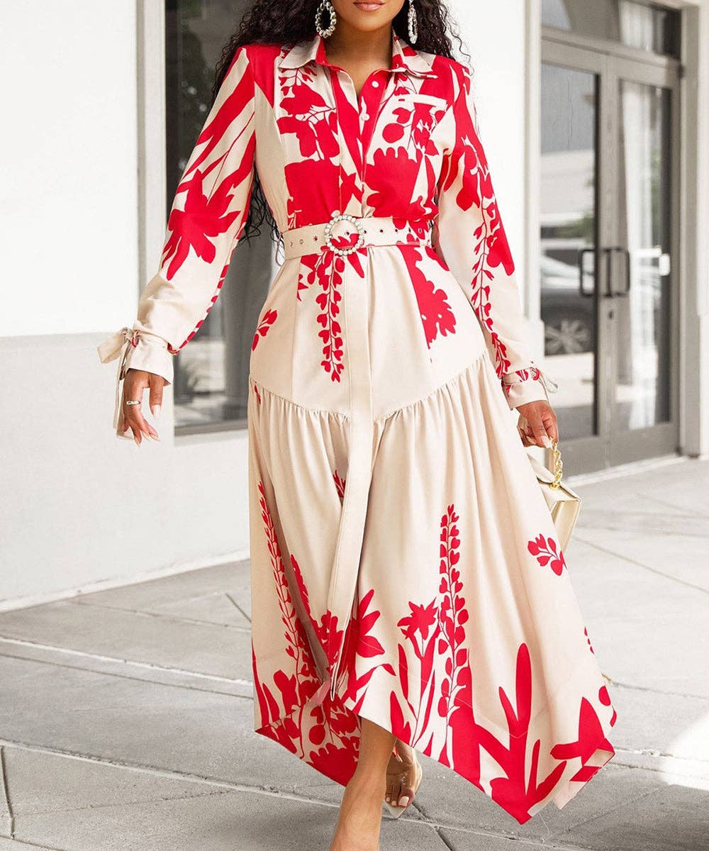 Red Draped Cowl Neck Print Maxi Dress for wholesale on Faire0