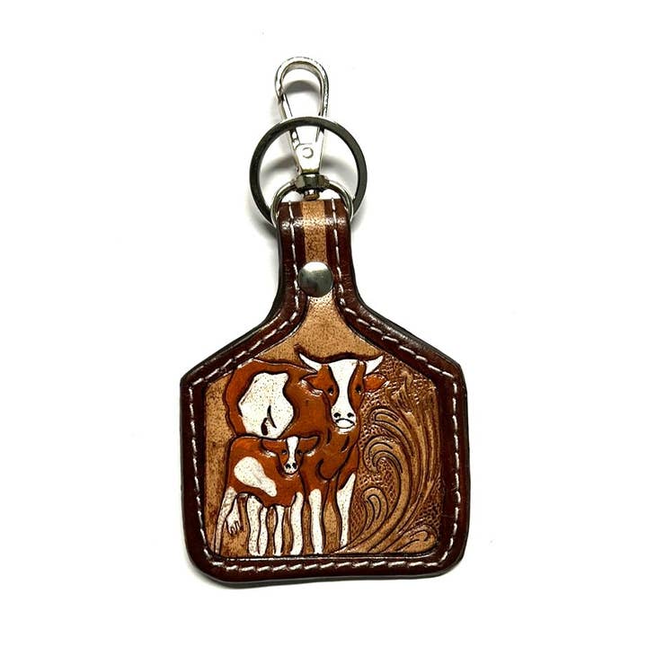WESTERN COW PRINT GENUINE LEATHER CATTLE TAG KEY CHAIN for wholesale by Snowing West