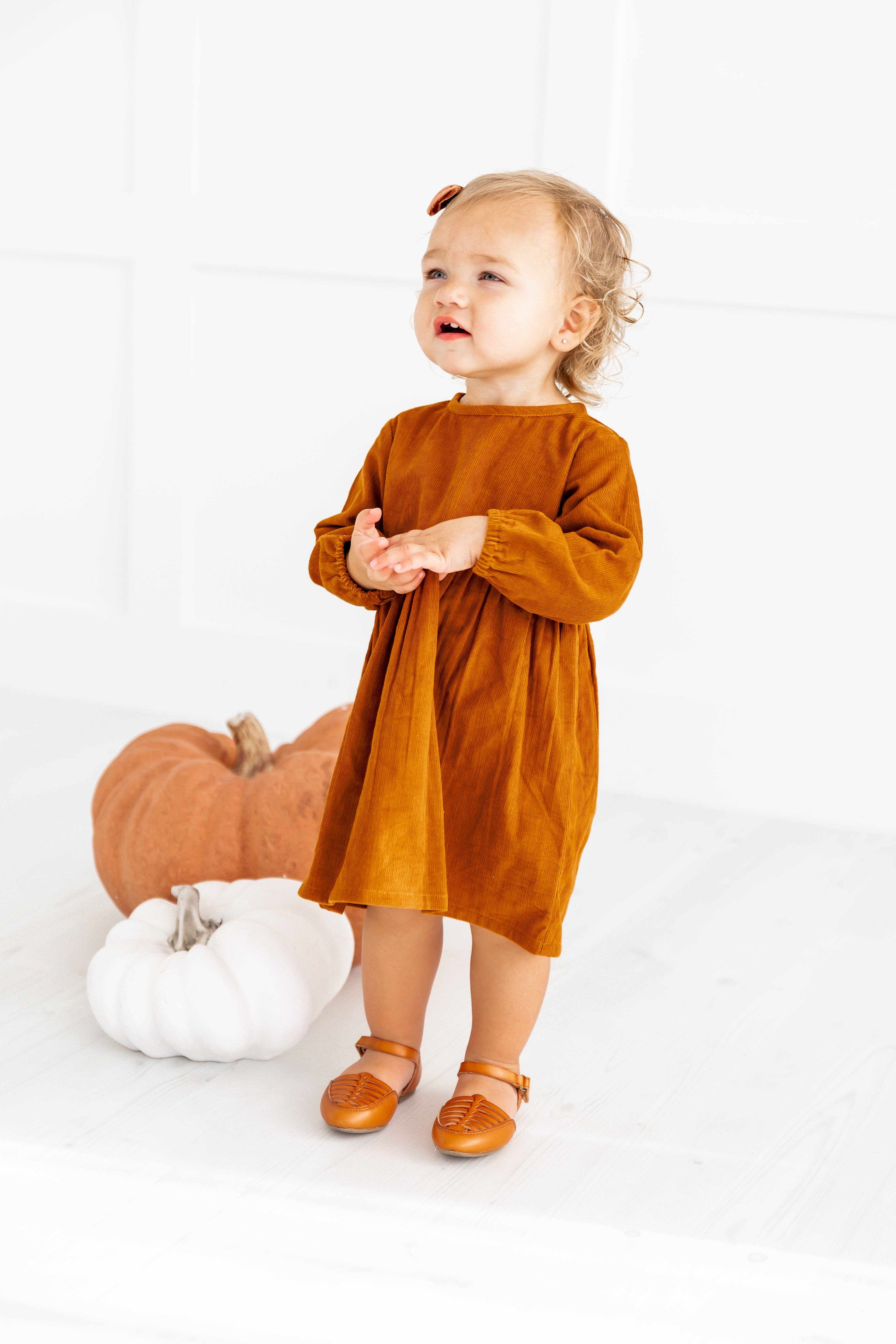 Yo Baby - Wholesale Dress - Kids - Rust Corduroy Solid Color Long Sleeves Gathered Dress6