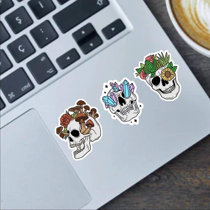 Conjunto de 3 Autocolantes de Crânios Botânicos 2,5" por atacado de Fable and Flame Co.