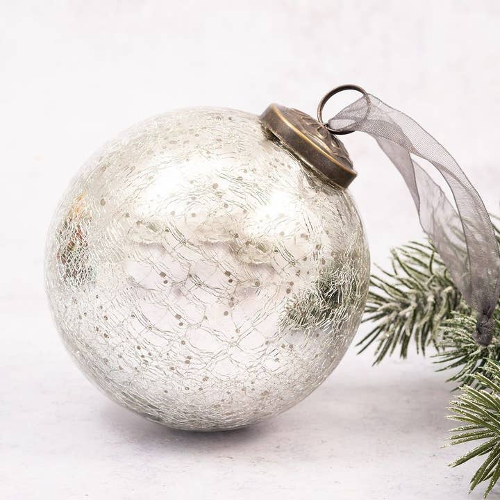 4" Extra Large Silver Crackle Glass Christmas Tree Bauble for wholesale by Bollywood Christmas