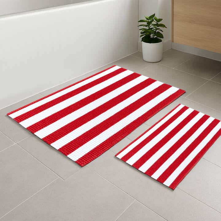 Large 2 Piece Set Red White Stripe Soft Chenille Bath Mat for wholesale by home mart goods
