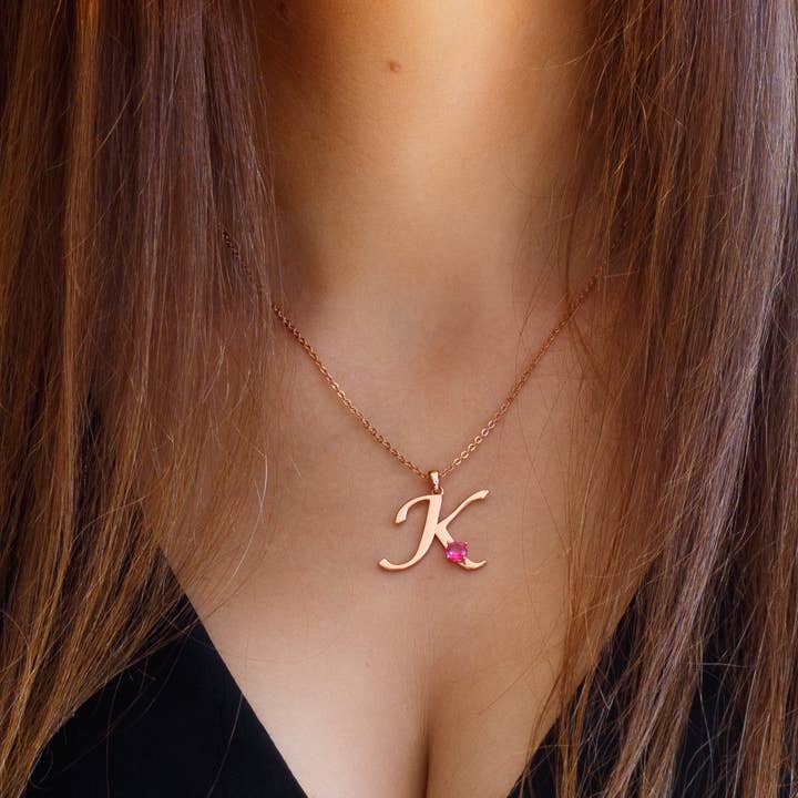 Thesoftcheek Jewelry - Wholesale Pendant/Charm Necklace - Initial Letter Necklace Silver Rose Gold Vermeil- Pink Topaz14
