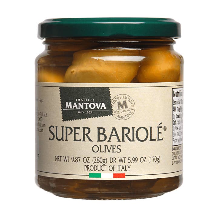 Mantova Super Bariolé Olives, 9.87 oz. for wholesale by Fine Italian Food
