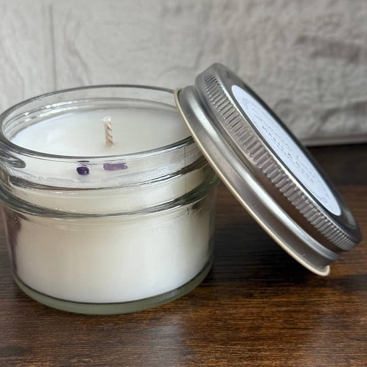 Bikini Bay 3oz candle glass jar calming crystal infused for wholesale by Maris & Moon Candle Co.