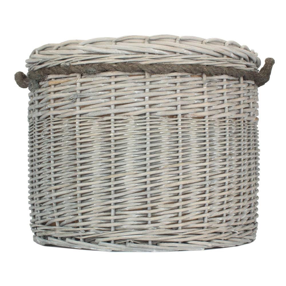 Red Hamper - Wholesale Basket - Wicker Grey Wash Round Hessian Lined Log Basket1