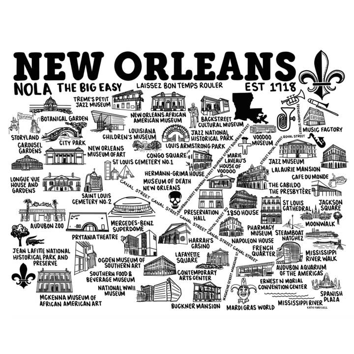 New Orleans Map Print White for wholesale by Whereabouts Shop