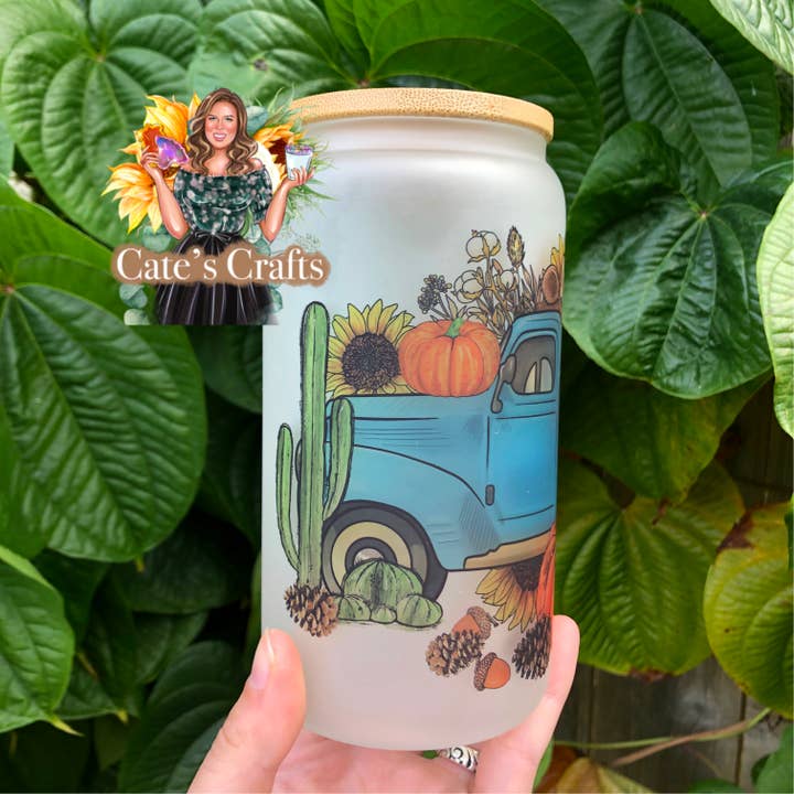 Farm Animal Truck Frosted Glass Cup for wholesale by Cate’s Crafts