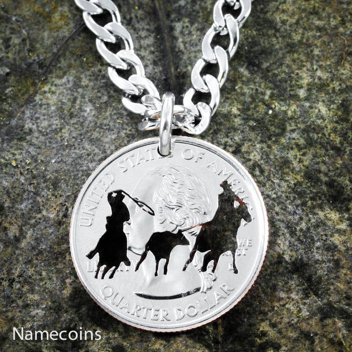 Team Calf Roping Necklace, Western Jewelry, Thin Rim for wholesale by NameCoins
