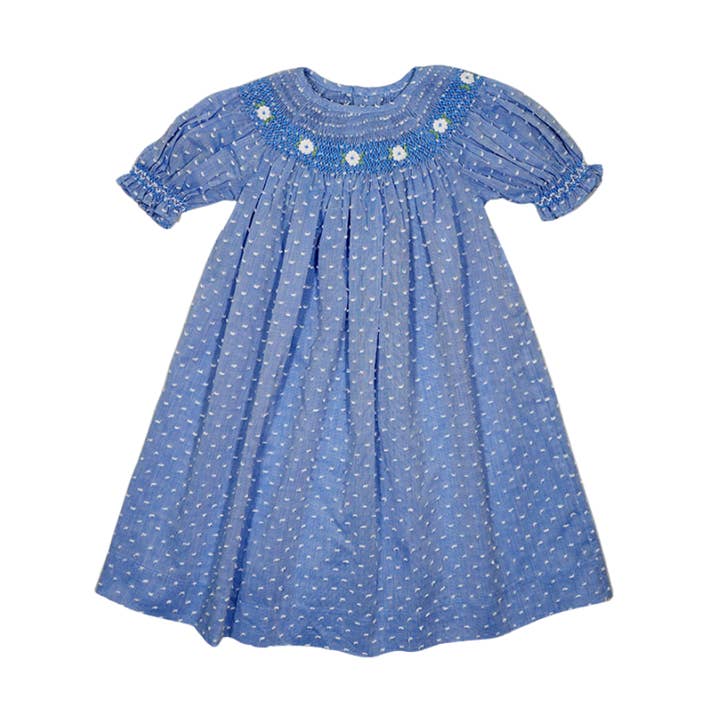 Blå Swiss Dot Geometrisk Smockad med Tusensköna Broderi Kortärmad Klänning för wholesale av Hello Bebes!