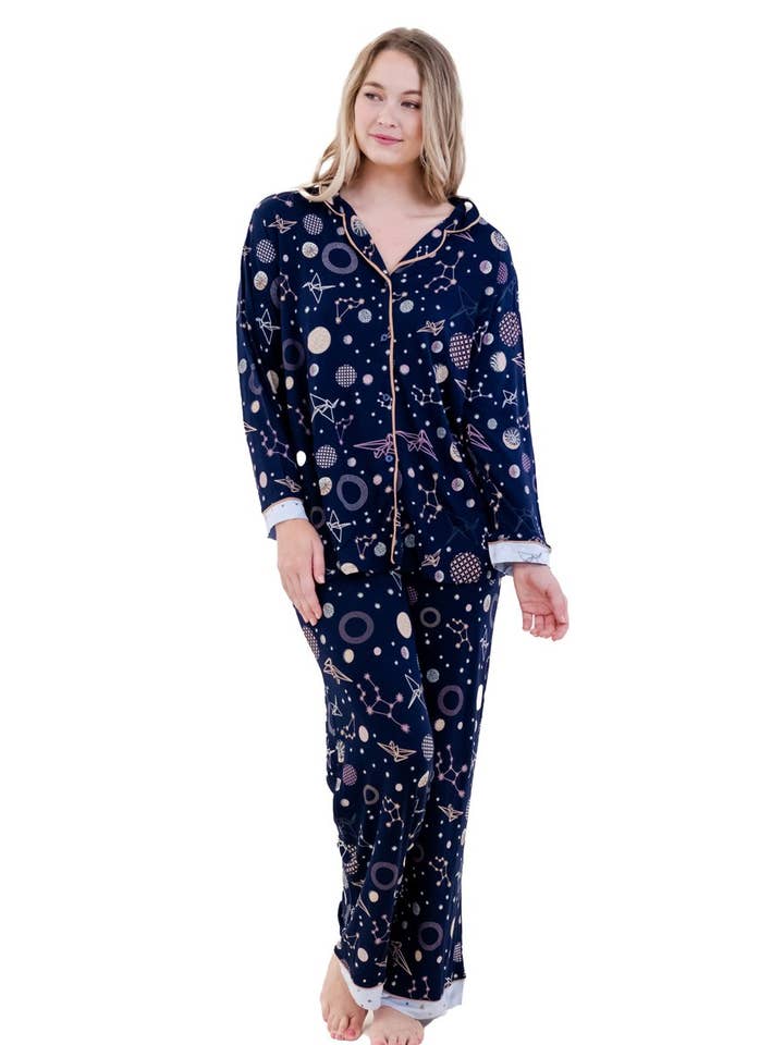 Marineblaues polygonales langes Pyjama-Set für den Großhandel von Open Palettes Apparel