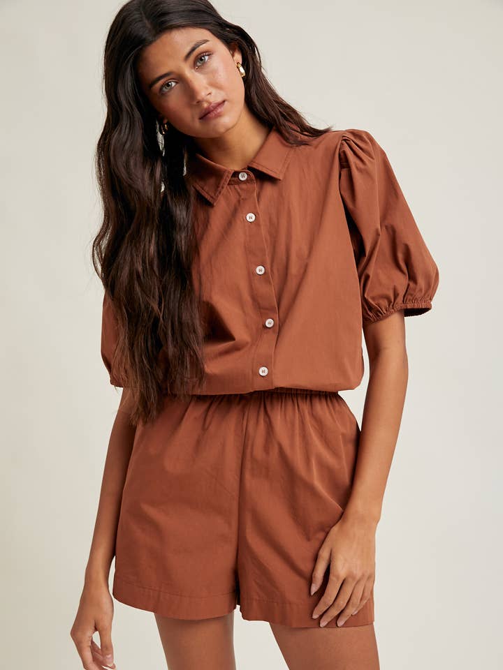 PUFF SLEEVE BUTTON-UP ROMPER / WL25-10497 for wholesale by Wishlist Apparel