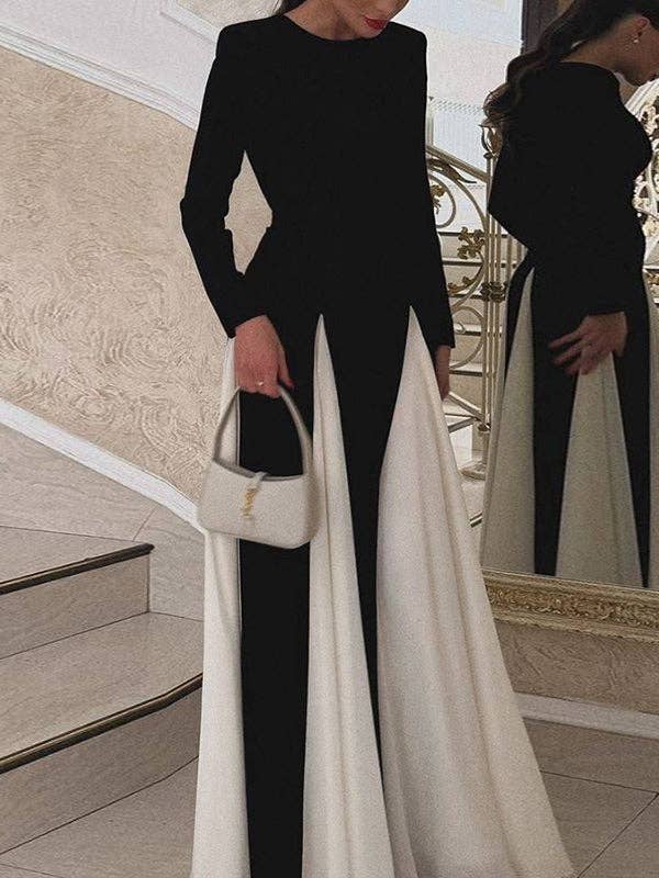 BLACK WHITE A-Line Long Sleeves Contrast Color Elasticity Pleated Split-Joint Round-Neck Evening Dresses Maxi Dresses for wholesale on Faire2