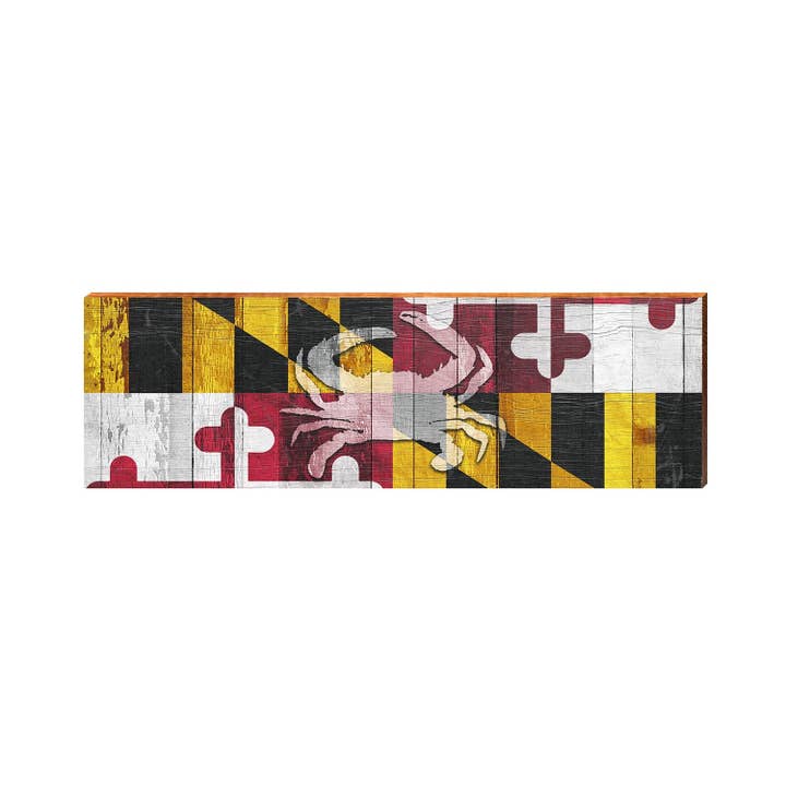 Letrero de madera con bandera de Maryland con cangrejo | Impresión artística de pared sobre madera auténtica para venta al por mayor de Mill Wood Art