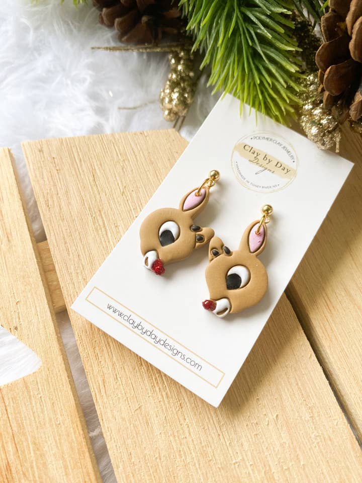 Rudolph Reindeer - Winter Christmas Polymer Clay Earrings for wholesale by Clay by Day Designs