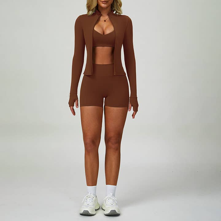 WONDERXFANS - Wholesale Activewear set – Women′s - Racerback sports Bra + jacket +High-Waist shorts 3-Piece Set4