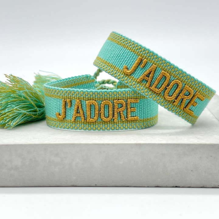 J'ADORE statement bracelet woven, embroidered for wholesale by Parsley & Pepper