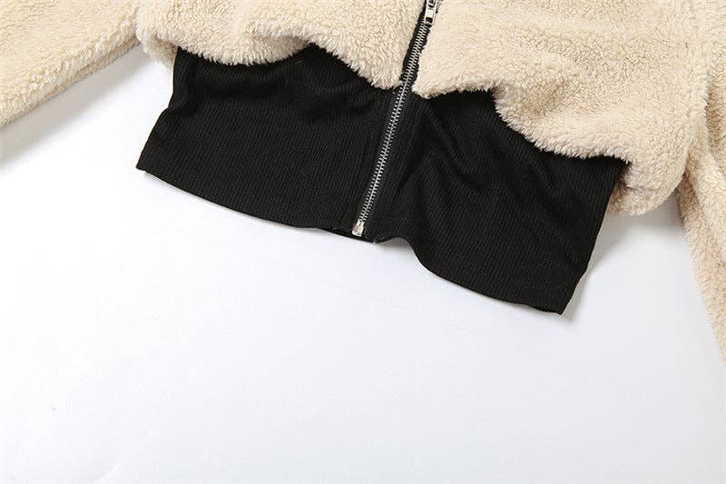 CREAMKAHKI Veste courte en peluche MB FASHION à taille côtelée 5200LY en vente sur Faire7