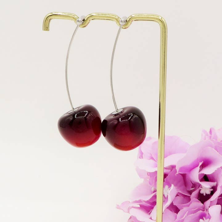 Daemon srls - Wholesale Dangle Earrings - CILIEGIA BORDEAUX silver ~ Orecchini pendenti Ciliegie in ACCIAIO INOSSIDABILE
