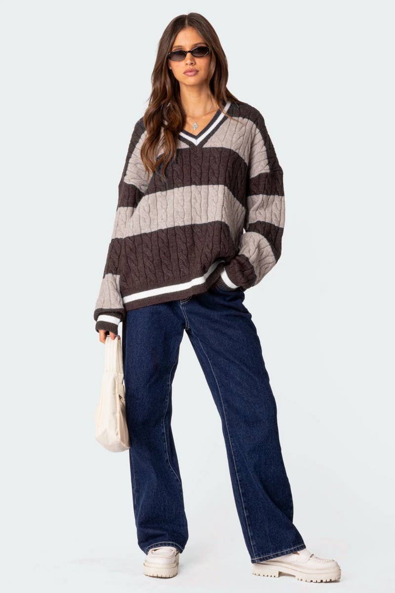 NINEXIS - Wholesale Knit Sweater - Women's - CWOSWL08090_V NECK STRIPED COLORBLOCK KNIT SWEATER5