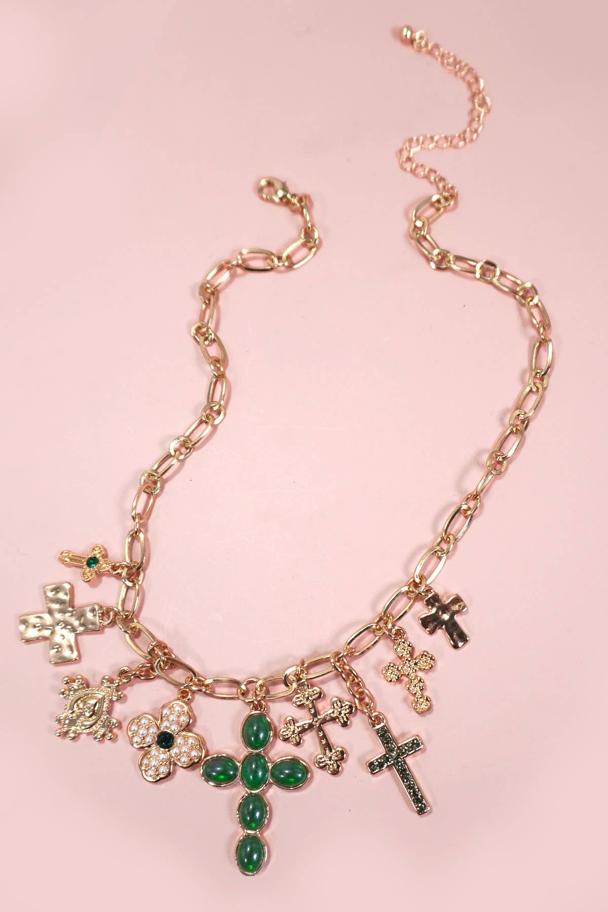 GOLD CHARM NECKLACE-MULTI CROSS CHARMS NECKLACE | 80N1290 for wholesale on Faire2