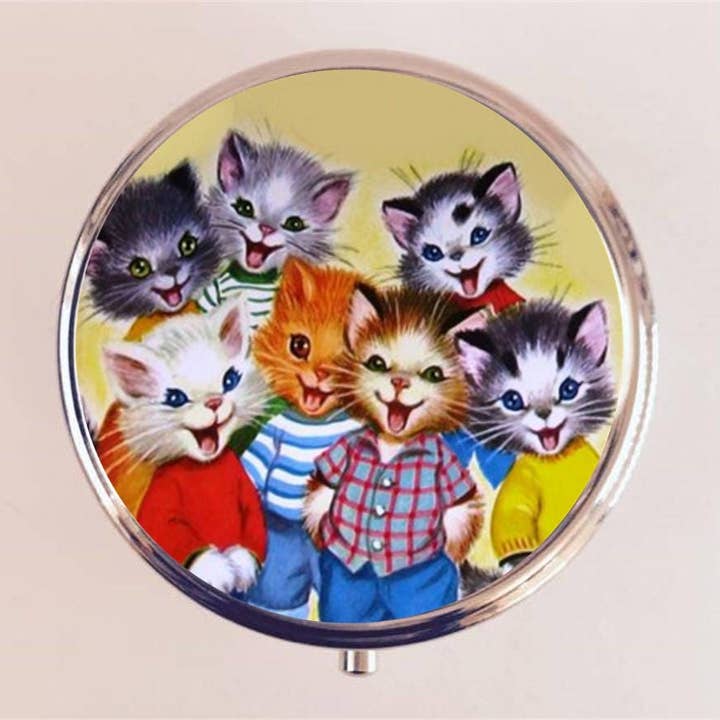 FringePop - Wholesale Pill Organizer - Retro Cat Pill Box Case Pillbox Holder Stash Trinket Box Kawaii 1950's Kitsch Kittens
