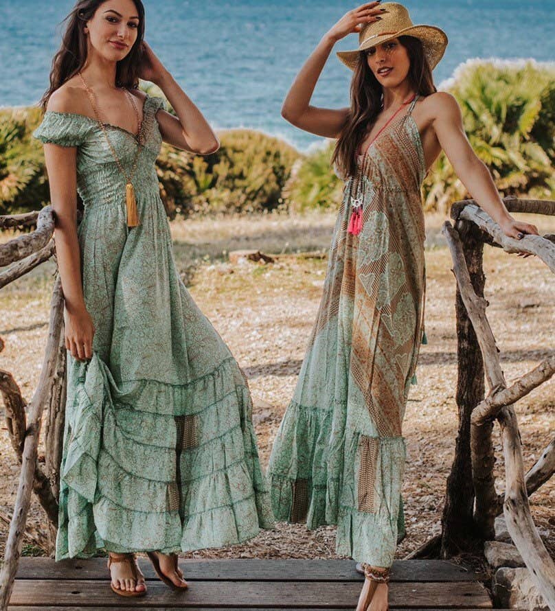 Miss Kitsch - Wholesale Dress - Women's - IBIZA DRESS Boho Long Silk Dress, Sea Green and Gold5