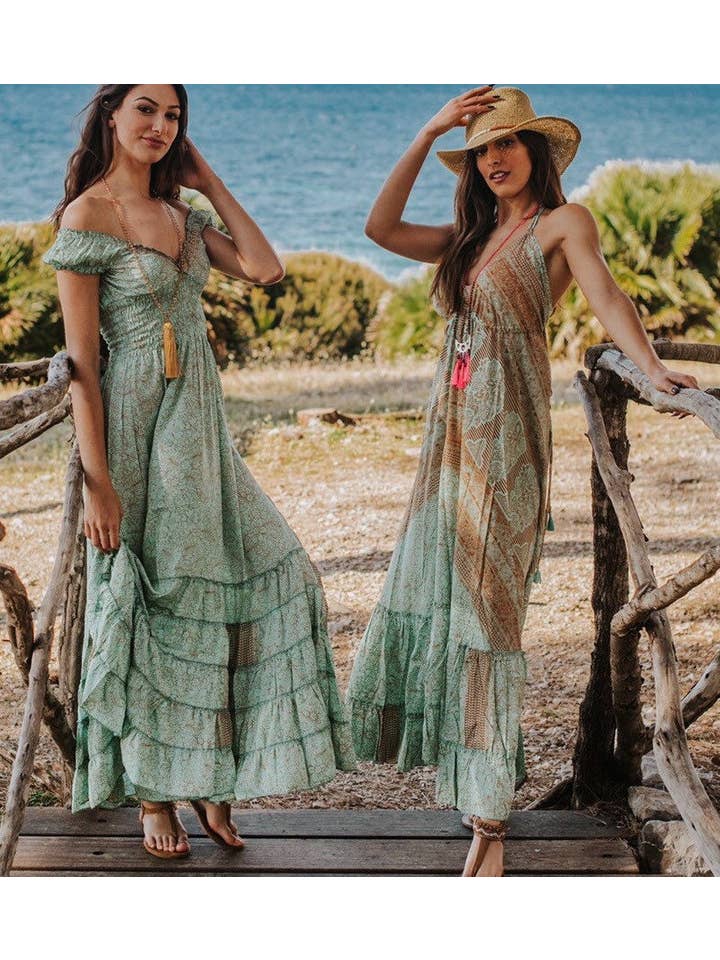 Miss Kitsch - Wholesale Dress - Women's - IBIZA DRESS Boho Long Silk Dress, Sea Green and Gold5