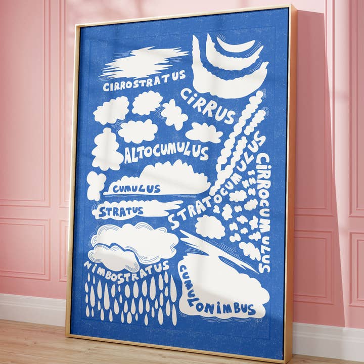 Rebecca Joy Ltd - Wholesale Art Print - 'Clouds' Blue & White Sky | Nature | Risograph Style Print