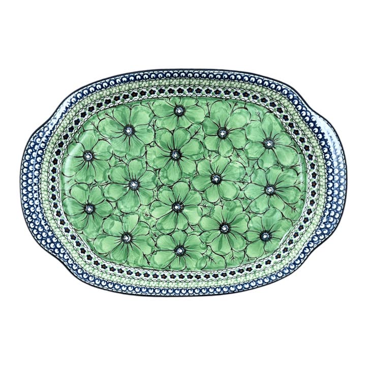 Tray, Oval, Handles, 10.75" x 15.25" in "Green Goddess" by Ceramika Artystyczna | A684-U408A for wholesale by Polish Pottery Outlet