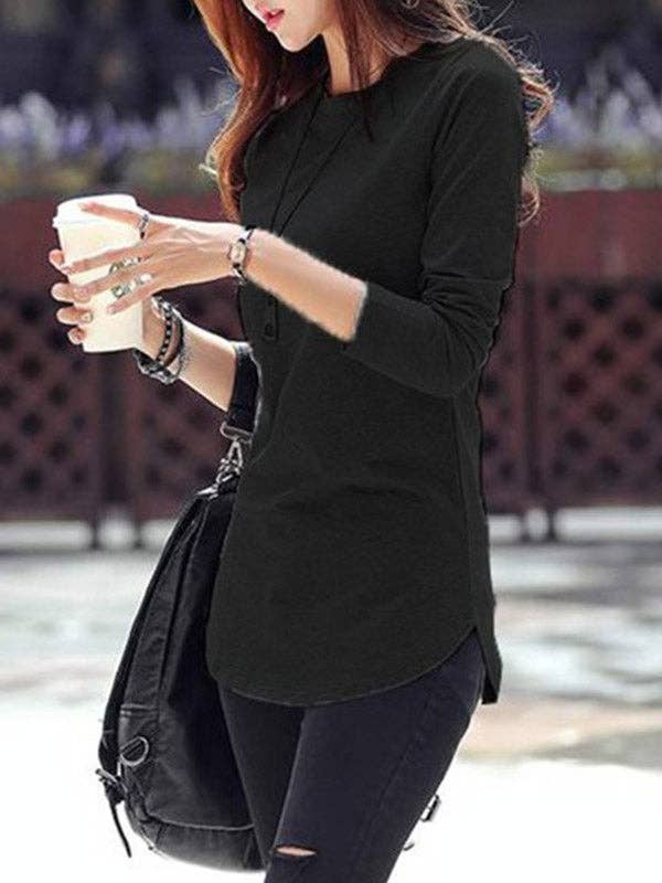 Sheer Trend - Wholesale Tunic - Women's - Long Sleeves Solid Color Round-Neck T-Shirts Tops4