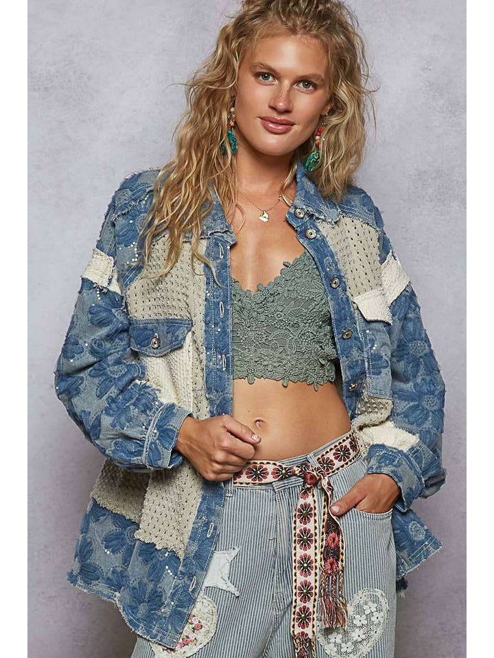 Pol Clothing - Wholesale Denim Jacket - Women's - Vintage washed floral embroidered patches jacket