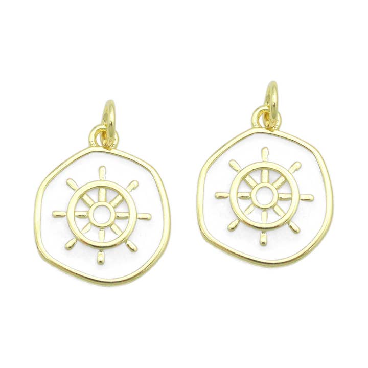 White Enamel Ship Wheel Coin Charm Pendant,Sku#LX871 for wholesale by BestBeads&Beyond