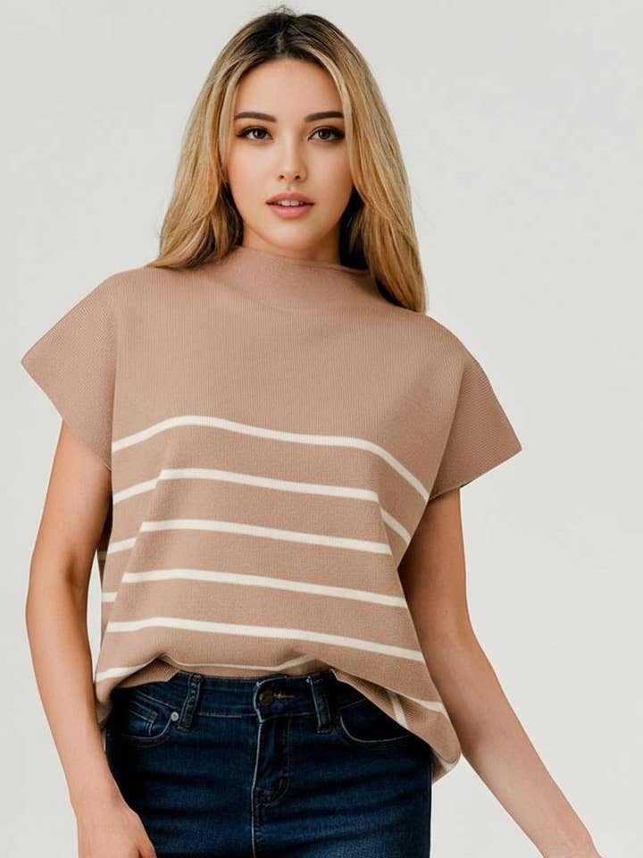 Mbt 3075 Mock Neck Sweater Vest Tan Stripe for wholesale by Pixi + Ivy