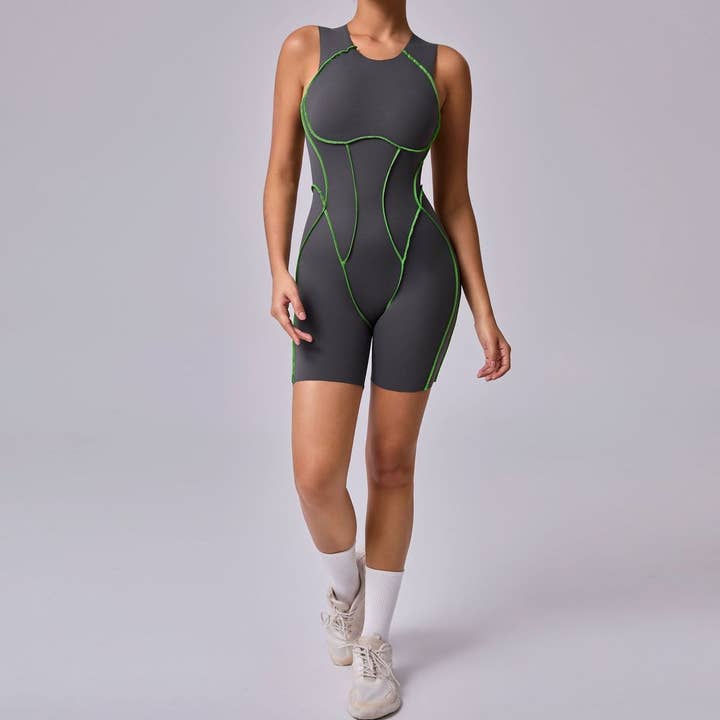 pinkblu02 – wholesale Unitard – Dam – Kvinnors mode färgkontrast tight ärmlös sportromper3