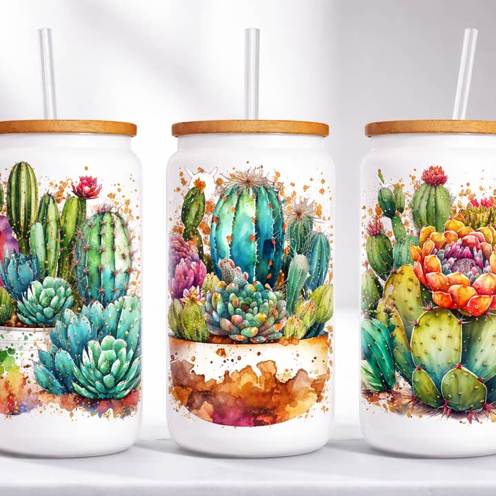 Desert Gold Cactus – 16 oz Glass WHITE Tumbler for wholesale by Creative Inspiration Design