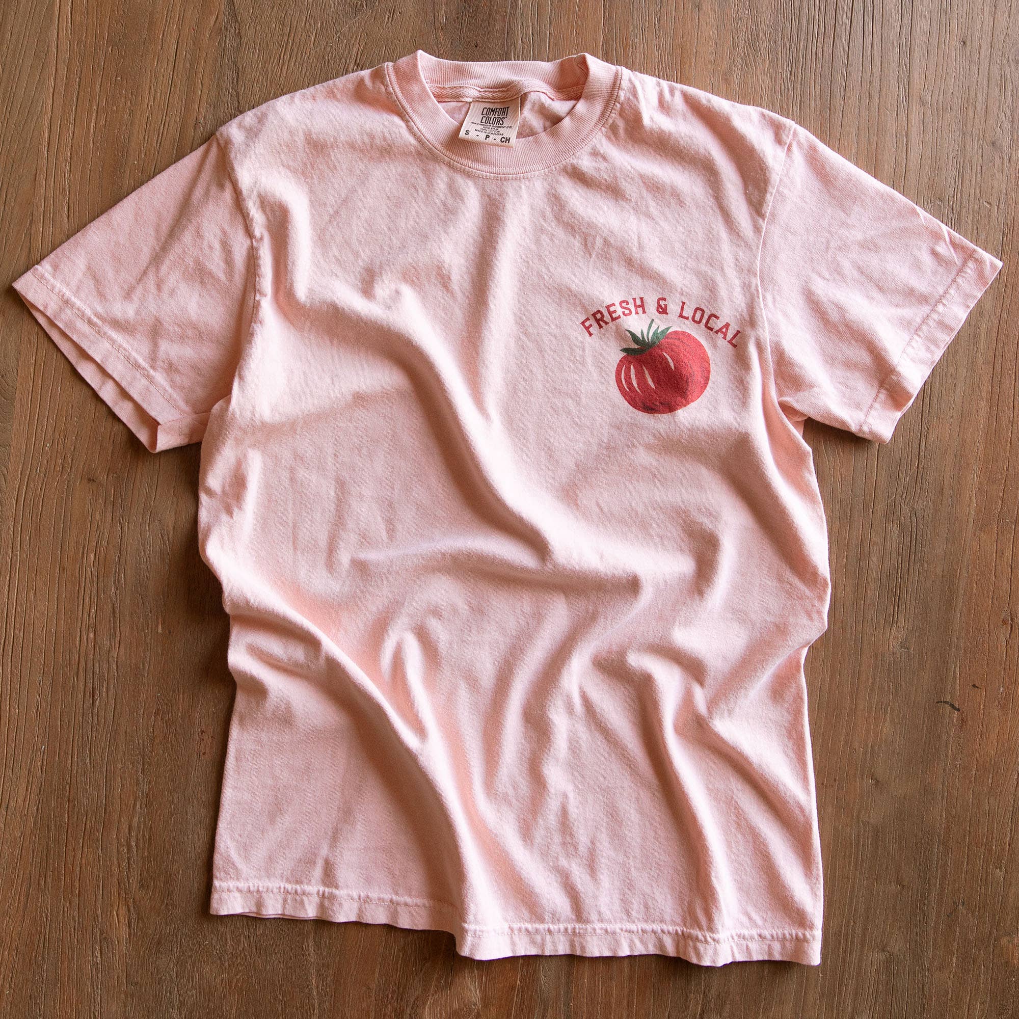 Paper Farm Press - Wholesale Screen Printed T-Shirt - Women's - Tomato Farmers Market Tee - Peachy Pink1