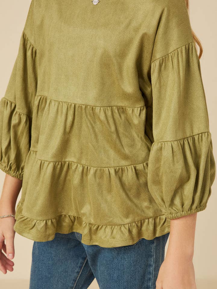 Hayden LA - Wholesale T-Shirt - Kids - Girls Vegan Suede Tiered Puff Sleeve Top4